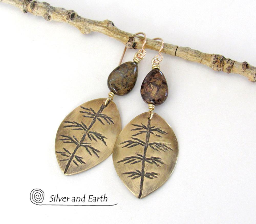 Gold Brass Leaf Earrings with Brown Bronzite Gemstones - Modern Earthy Nature Jewelry Gifts for Women