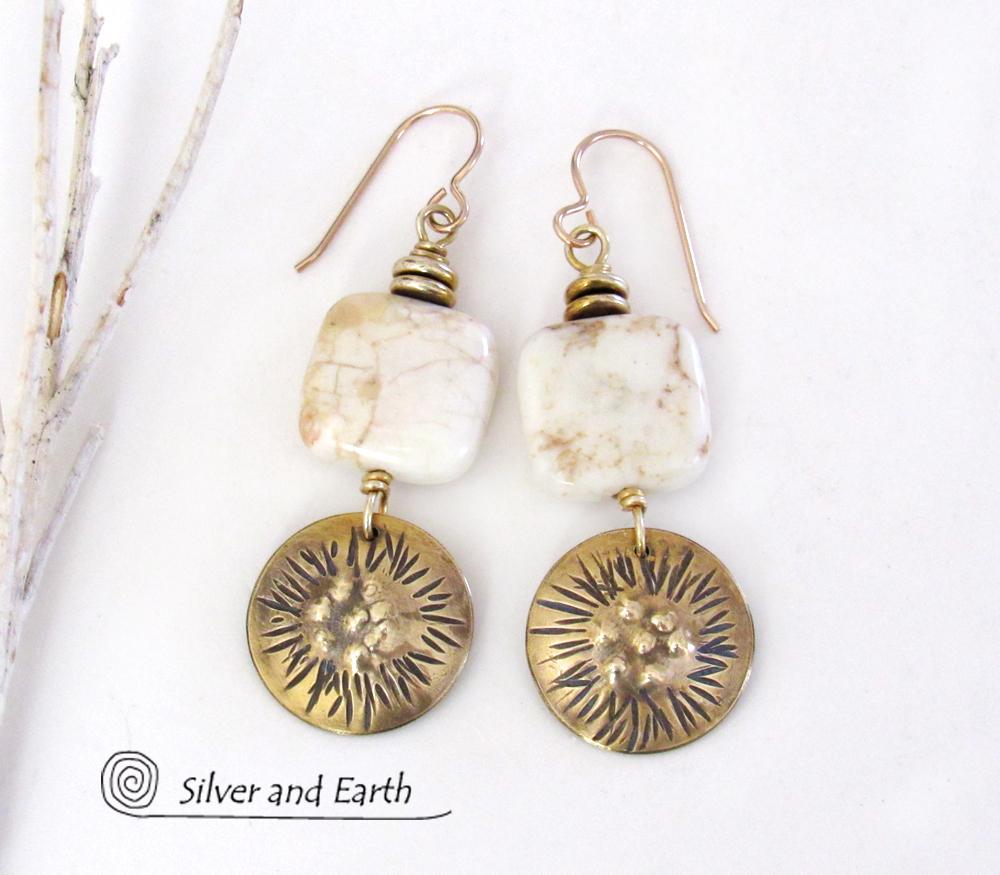 Textured Gold Brass Dangle Earrings with White Magnesite Stones