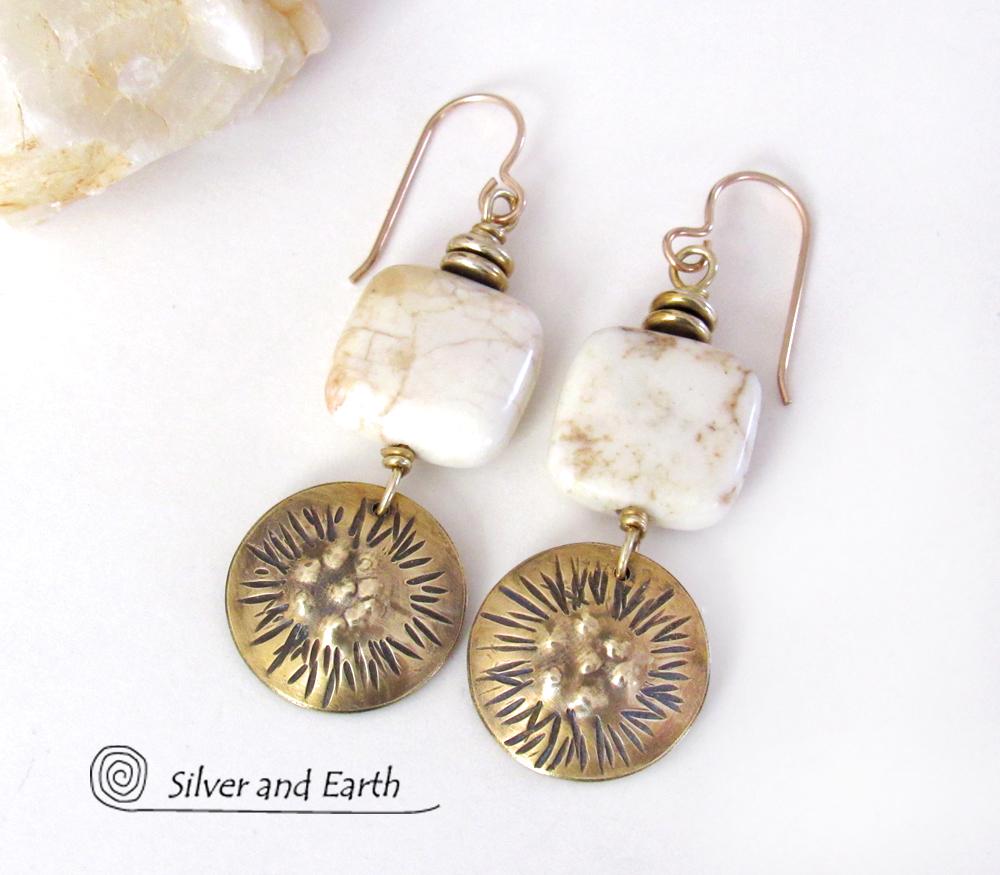 Textured Gold Brass Dangle Earrings with White Magnesite Stones