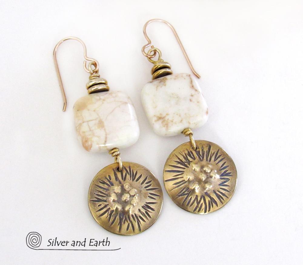 Textured Gold Brass Dangle Earrings with White Magnesite Stones