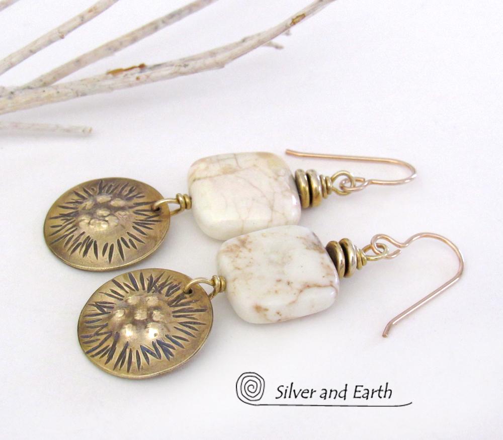 Textured Gold Brass Dangle Earrings with White Magnesite Stones