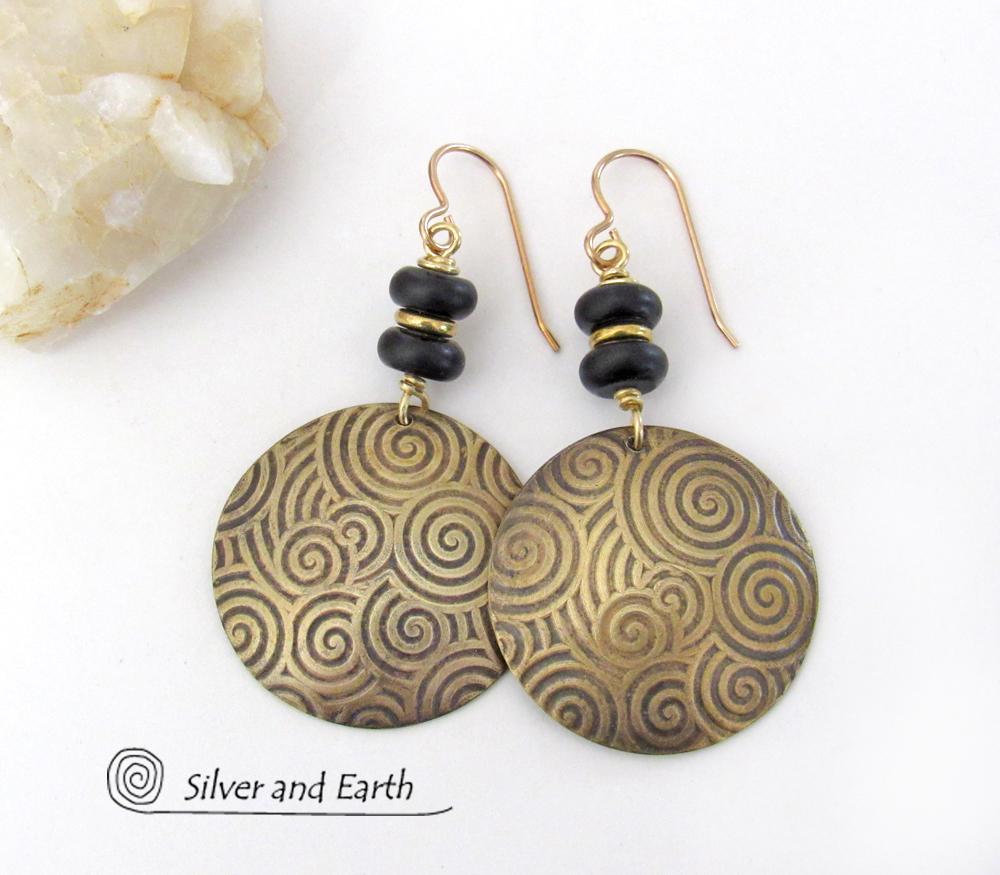 Gold Brass Spiral of Life Earrings with Black Onyx Stones - Bold Modern Artisan Handmade Jewelry