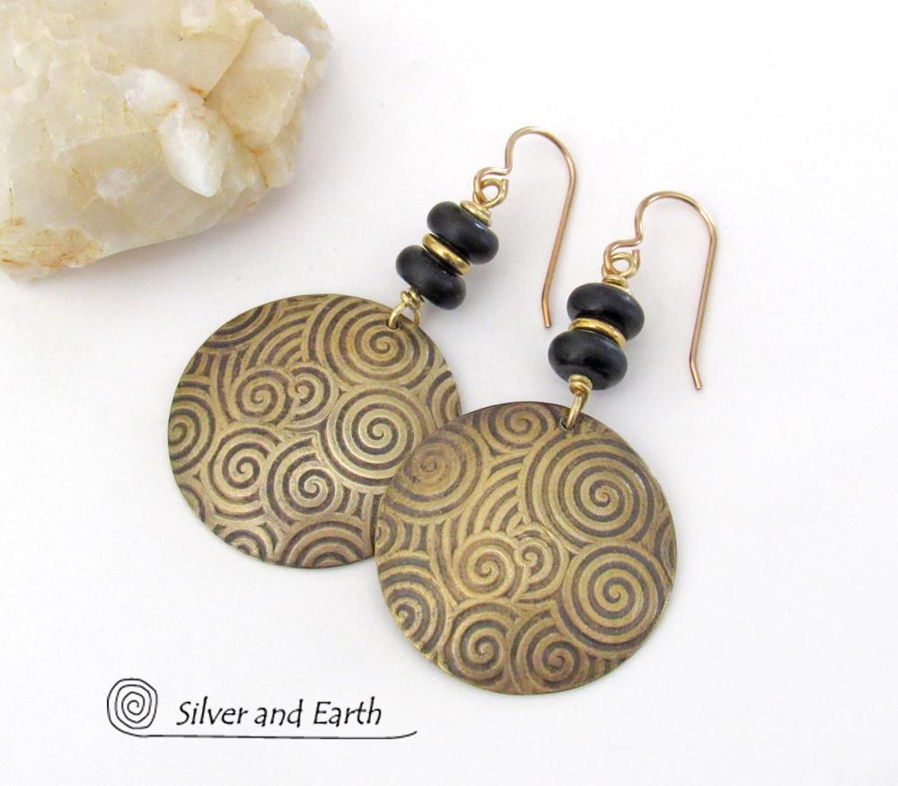 Gold Brass Spiral of Life Earrings with Black Onyx Stones - Bold Modern Artisan Handmade Jewelry