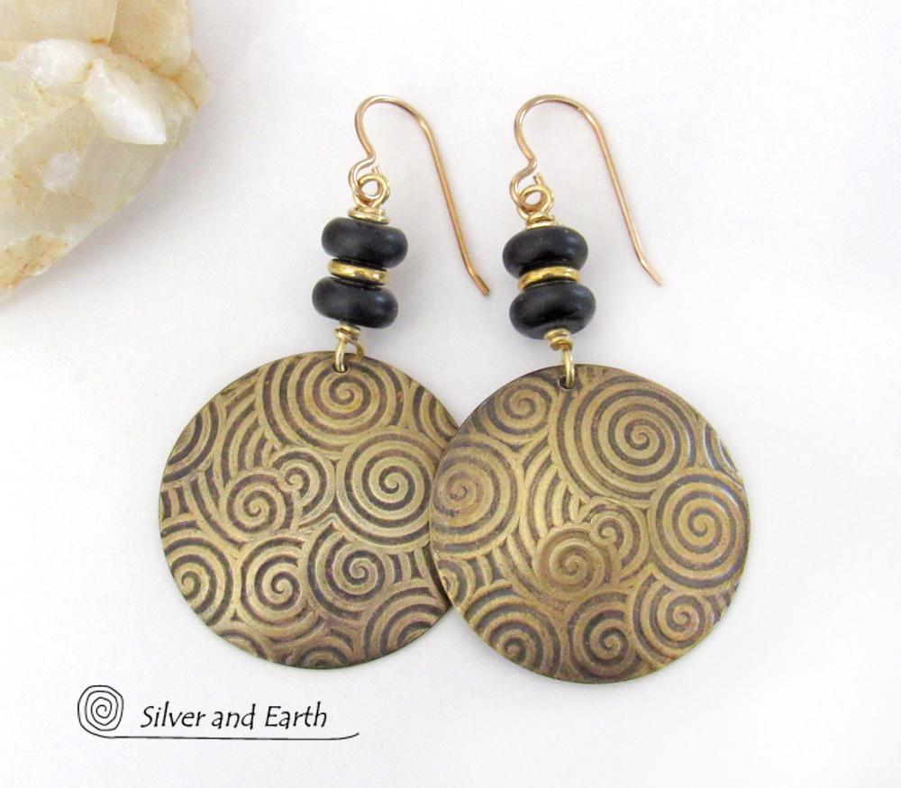 Gold Brass Spiral of Life Earrings with Black Onyx Stones - Bold Modern Artisan Handmade Jewelry