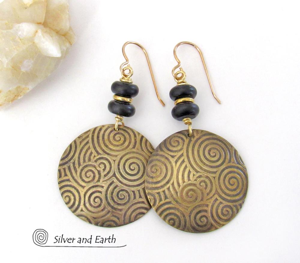 Gold Brass Spiral of Life Earrings with Black Onyx Stones - Bold Modern Artisan Handmade Jewelry