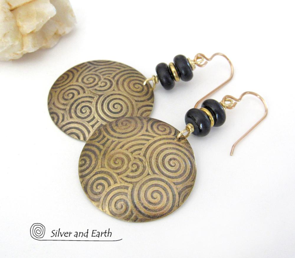 Gold Brass Spiral of Life Earrings with Black Onyx Stones - Bold Modern Artisan Handmade Jewelry