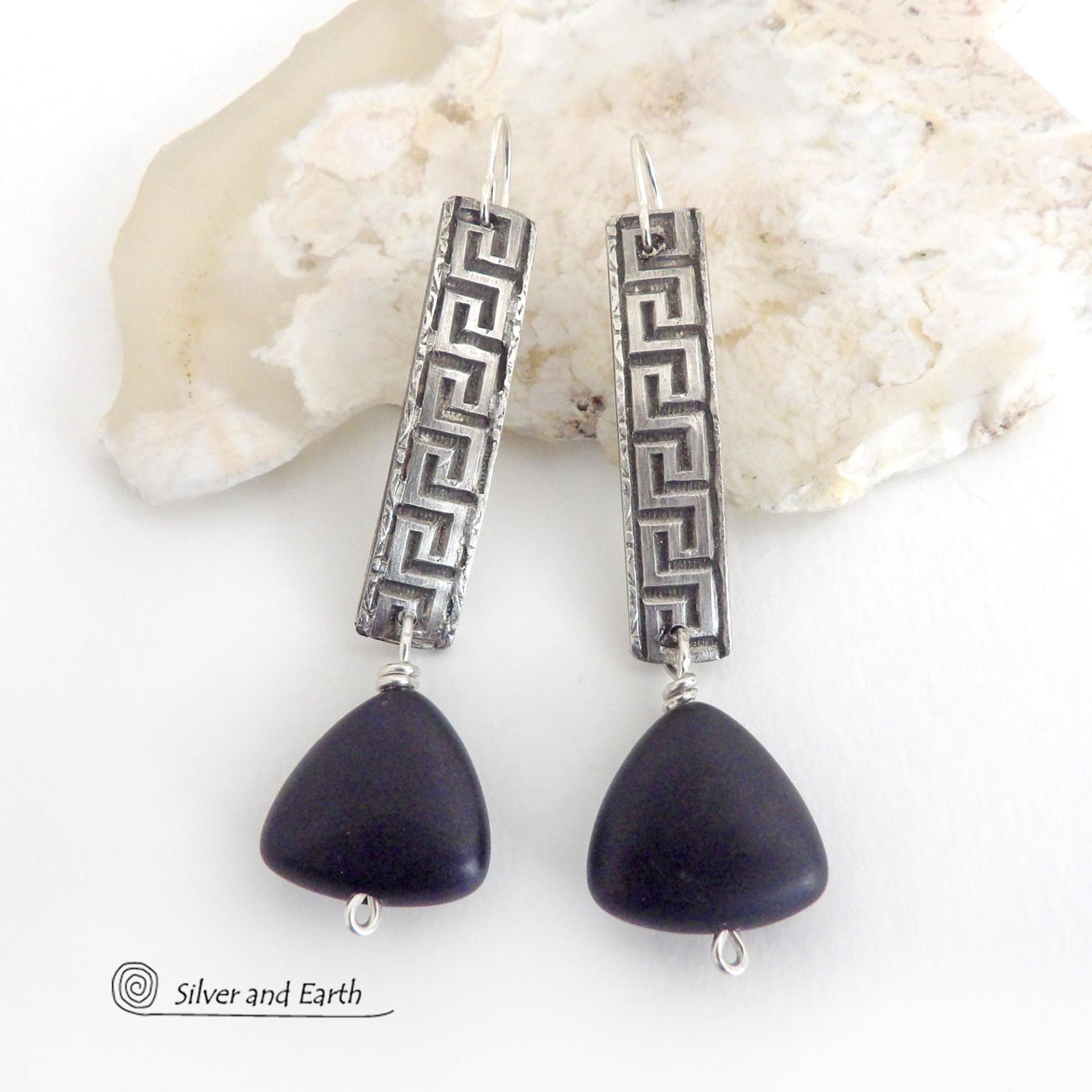 Sterling Silver Greek Key Earrings with Triangular Shaped Matte Black Onyx Stones