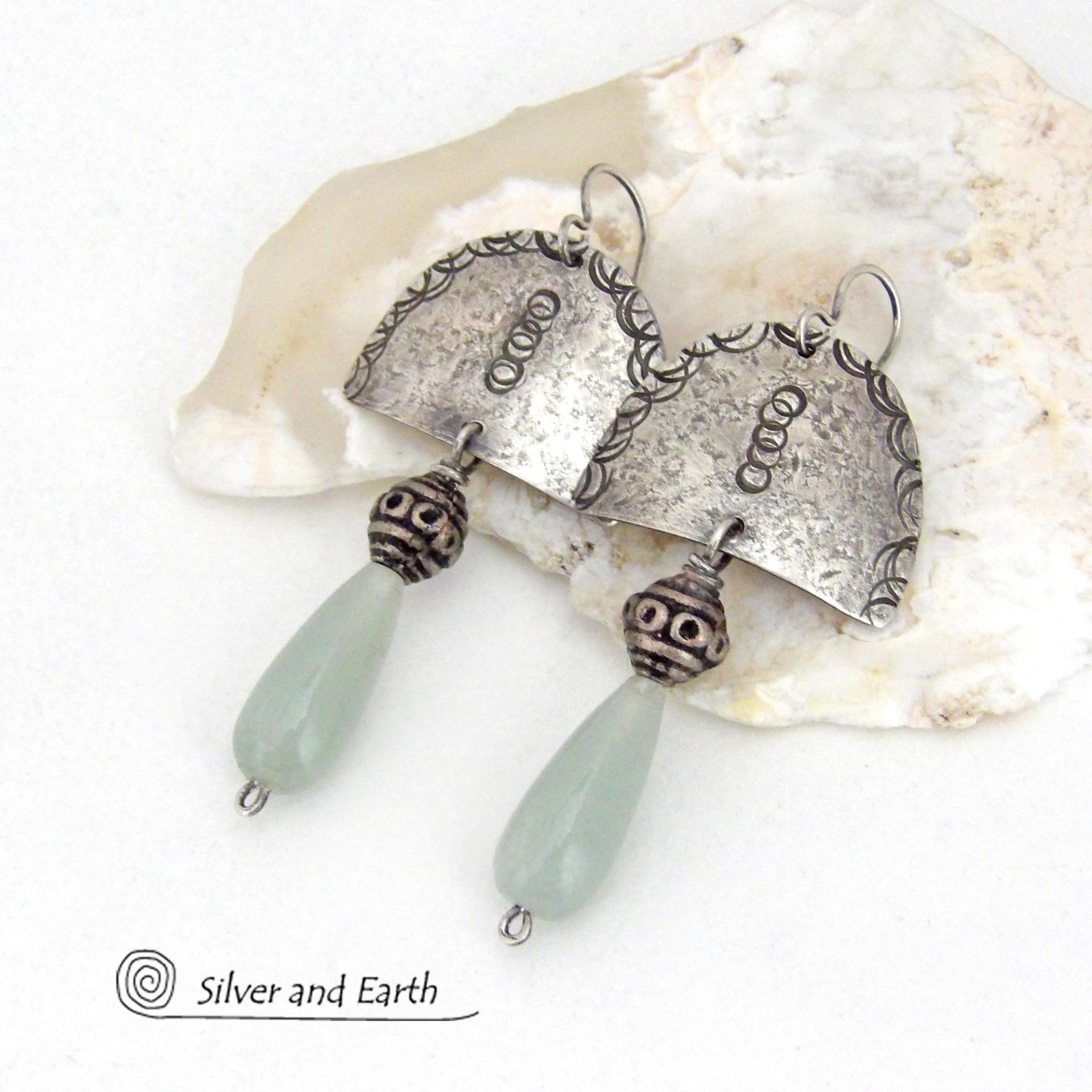 Sterling Silver Earrings with Green Aventurine Gemstones - Unique Funky Bohemian Tribal Jewelry