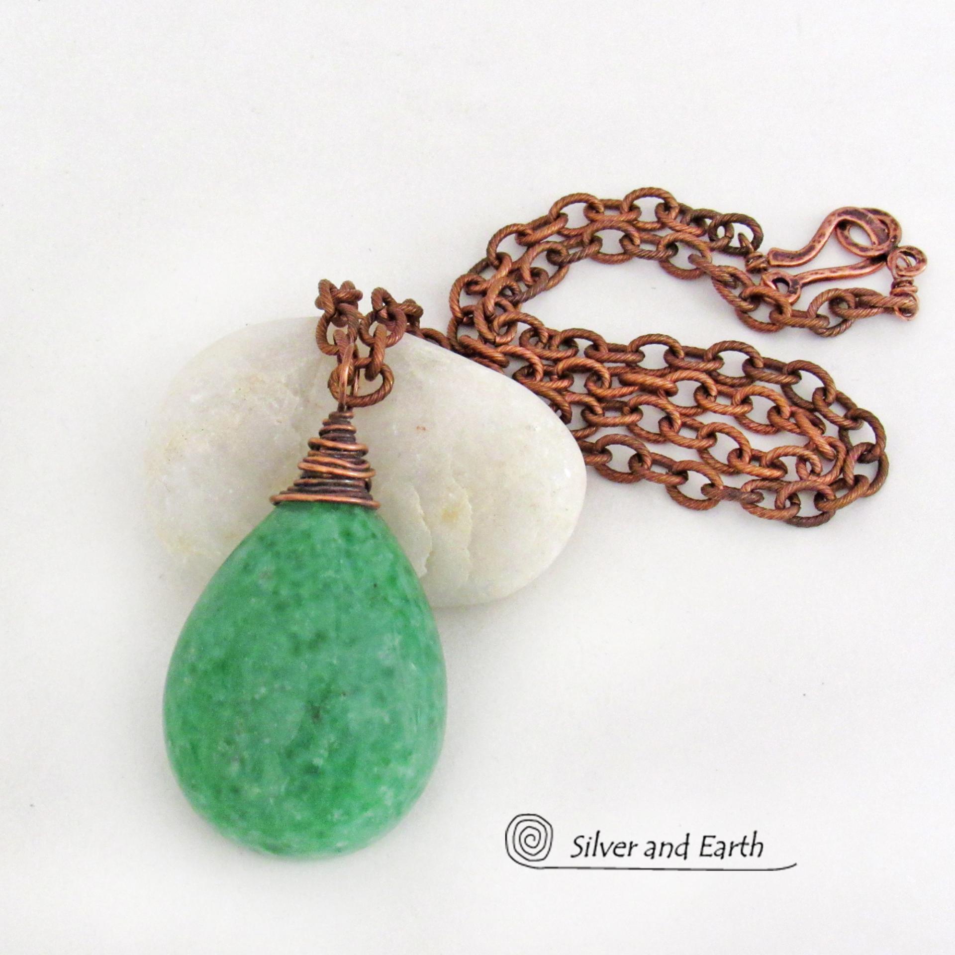 Large Chunky Green Jade Pendant Necklace Copper Wire Wrapped - Modern Earthy Natural Stone Jewelry