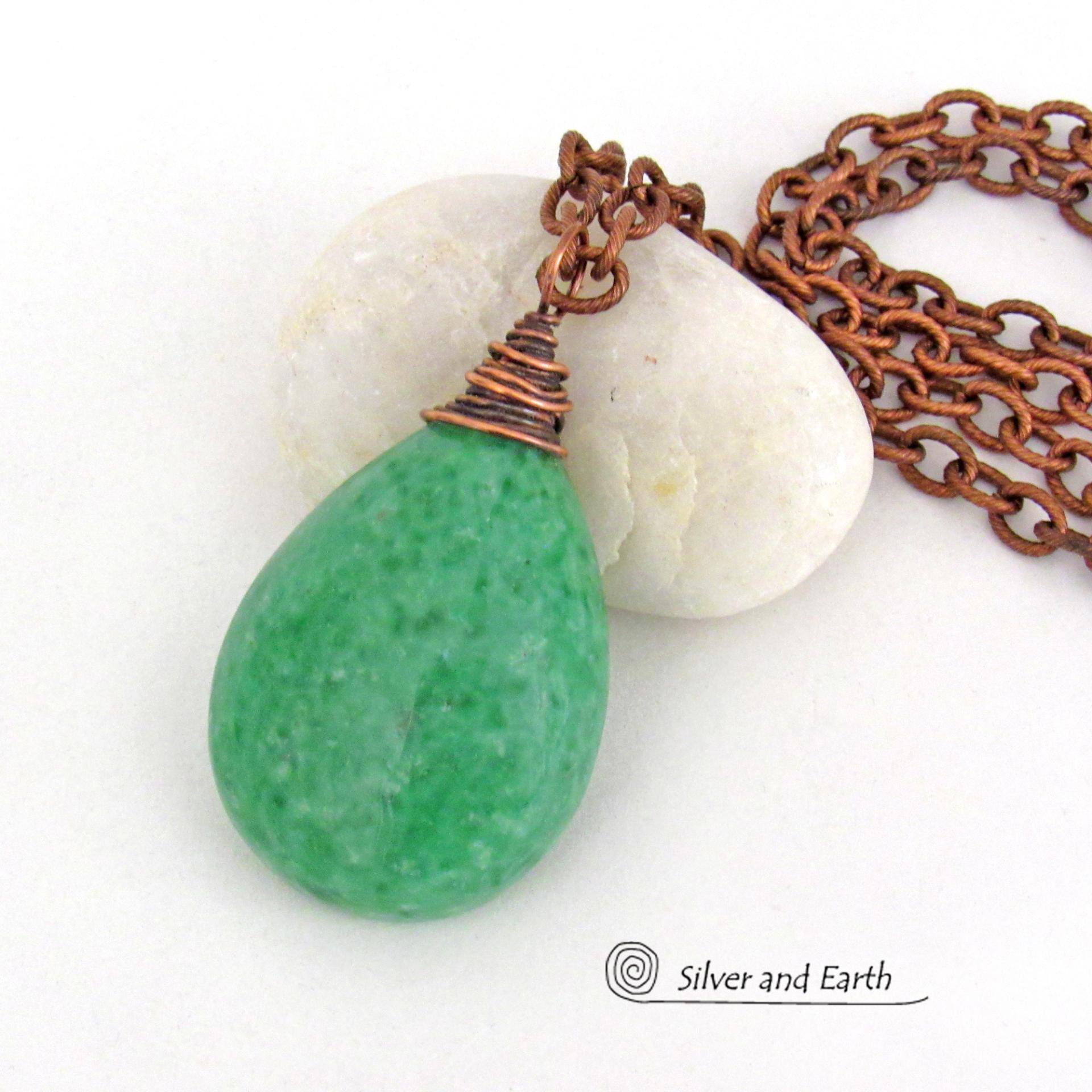 Large Chunky Green Jade Pendant Necklace Copper Wire Wrapped - Modern Earthy Natural Stone Jewelry