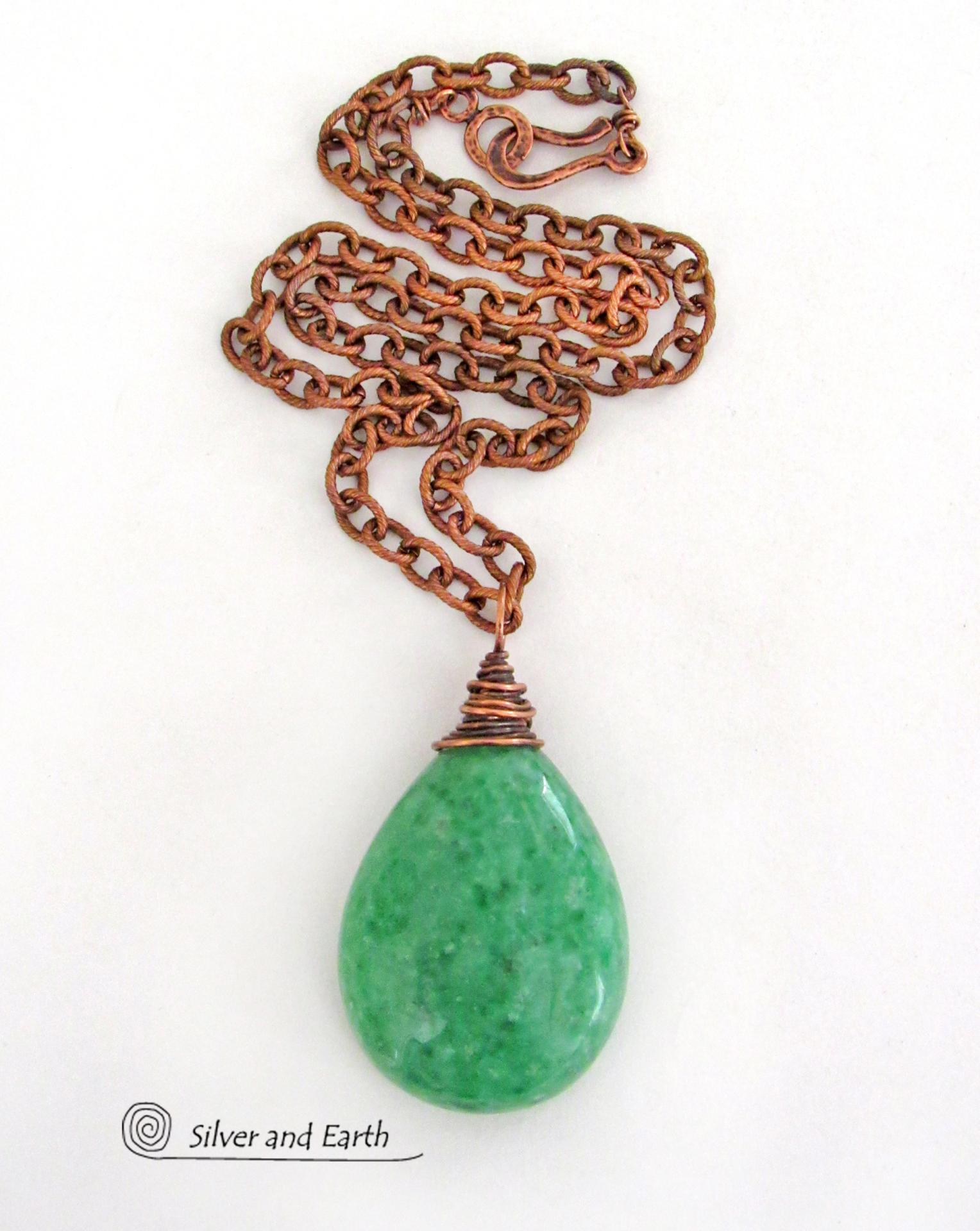 Large Chunky Green Jade Pendant Necklace Copper Wire Wrapped - Modern Earthy Natural Stone Jewelry