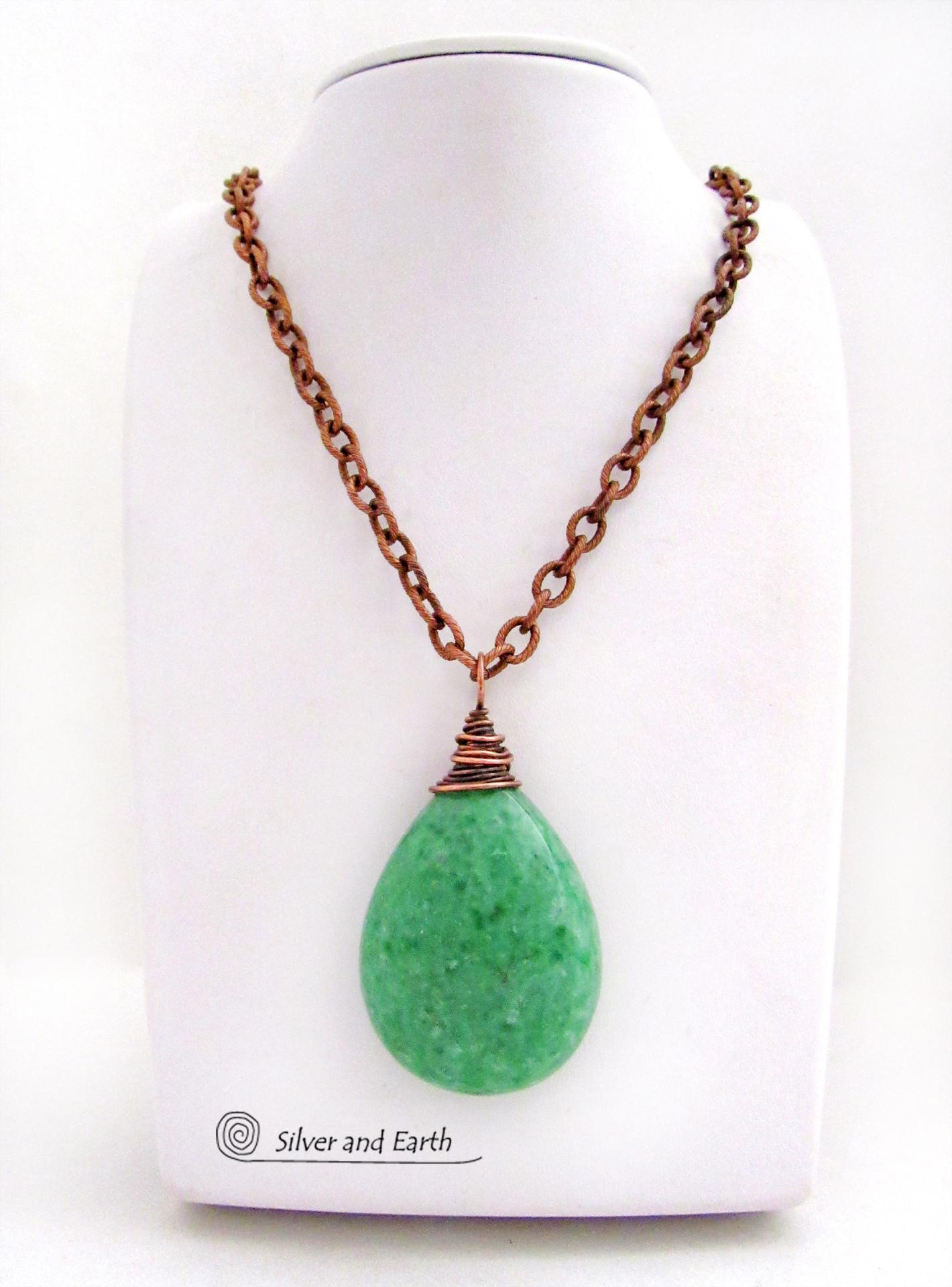 Large Chunky Green Jade Pendant Necklace Copper Wire Wrapped - Modern Earthy Natural Stone Jewelry