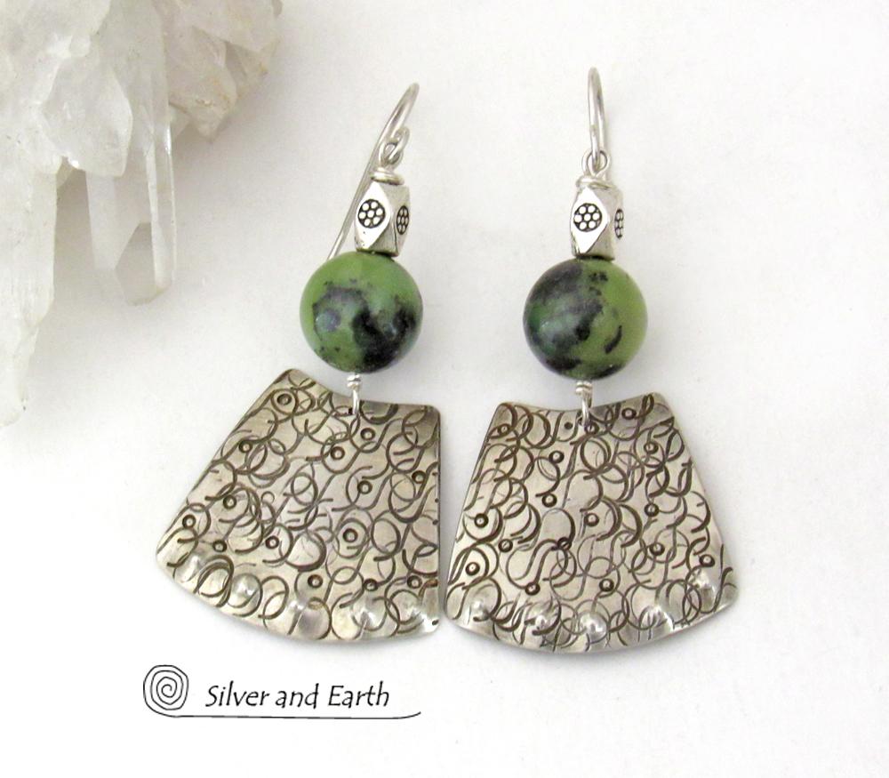 Bold Exotic Sterling Silver Earrings with Green Jade Gemstones