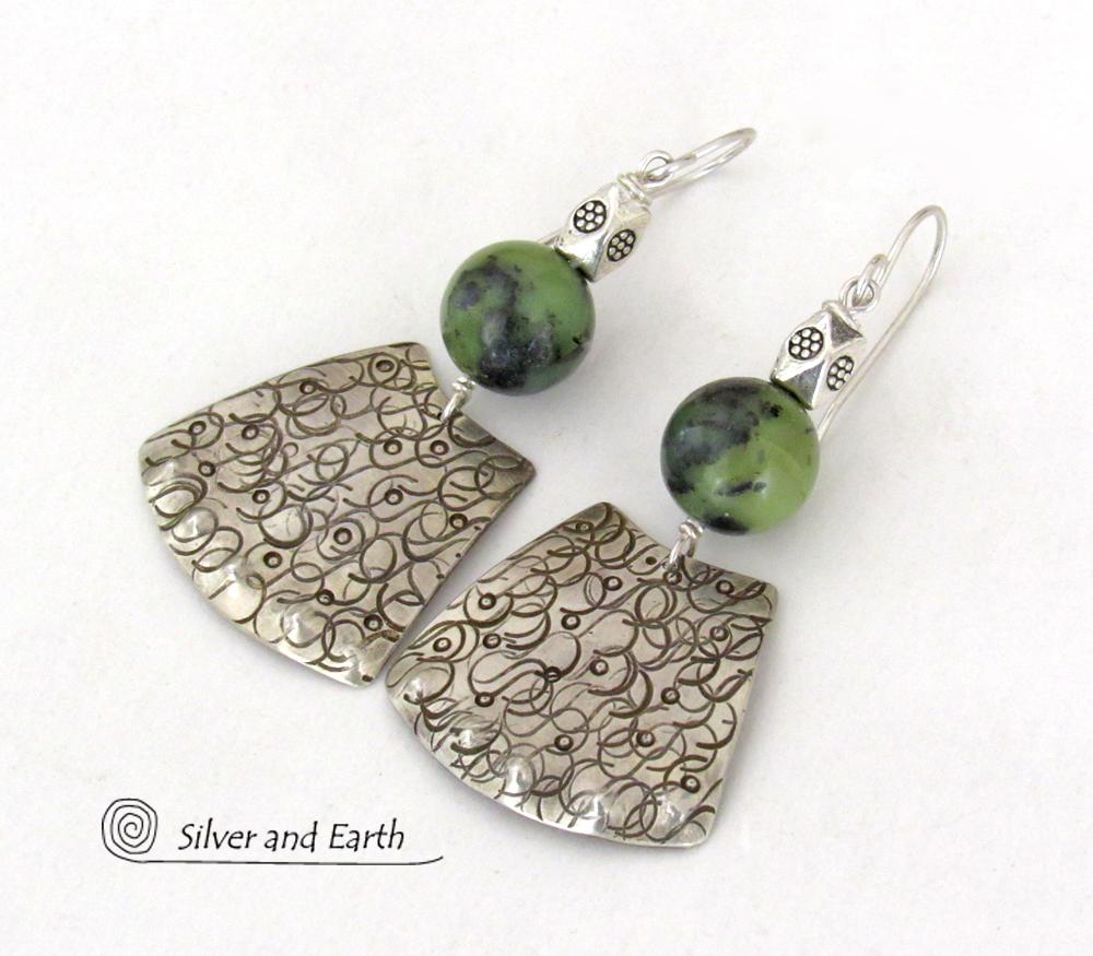 Bold Exotic Sterling Silver Earrings with Green Jade Gemstones