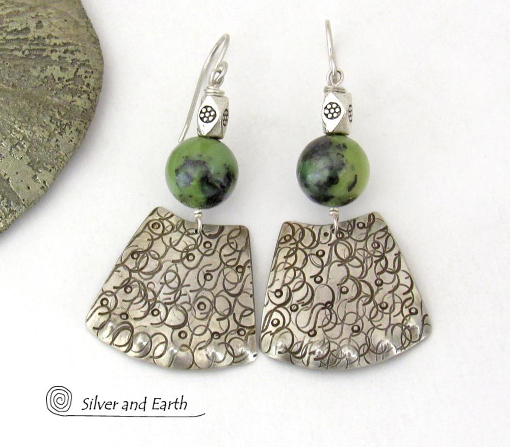 Bold Exotic Sterling Silver Earrings with Green Jade Gemstones