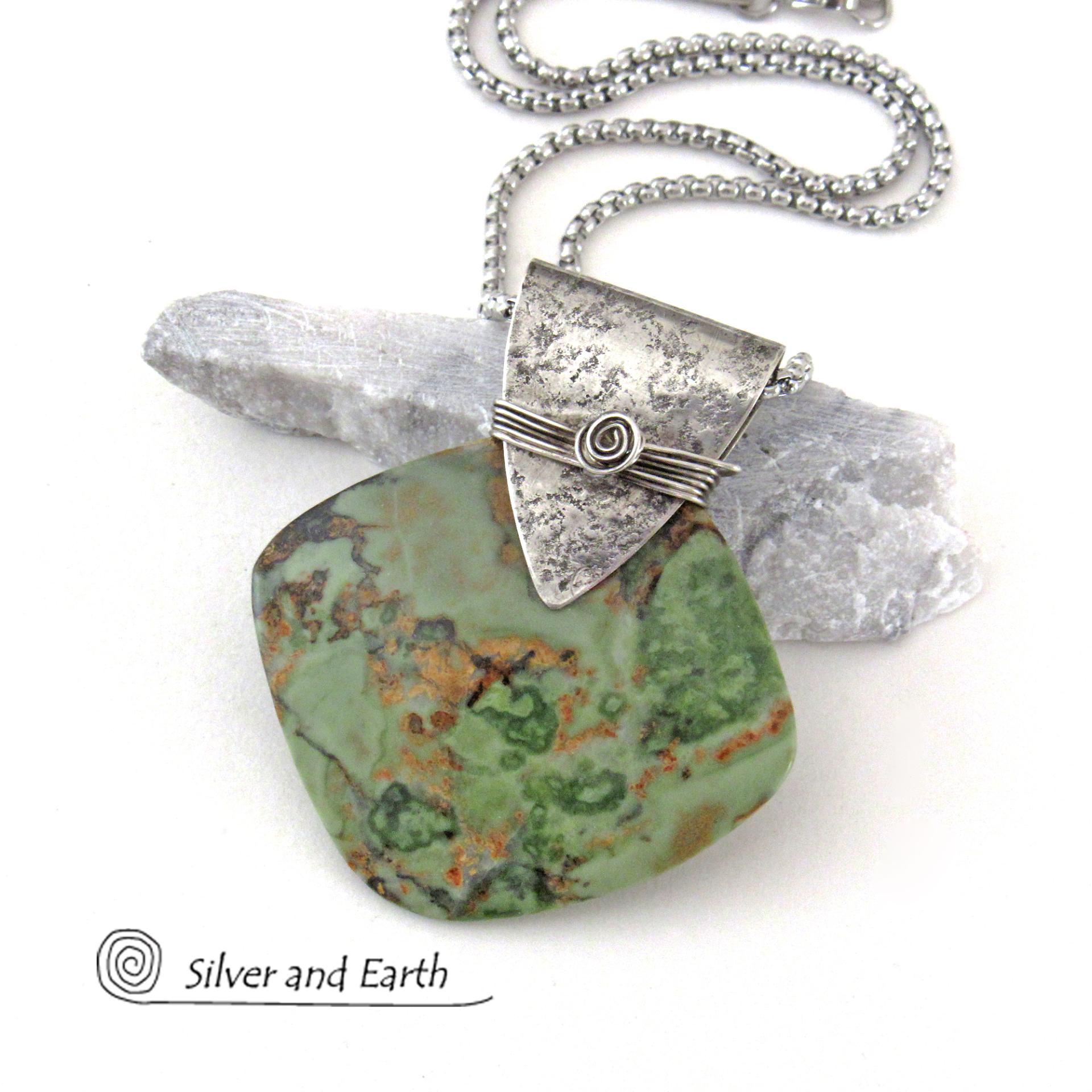 Green Rhyolite Jasper Sterling Silver Necklace - Handcrafted Unique One of a Kind Natural Stone Jewelry