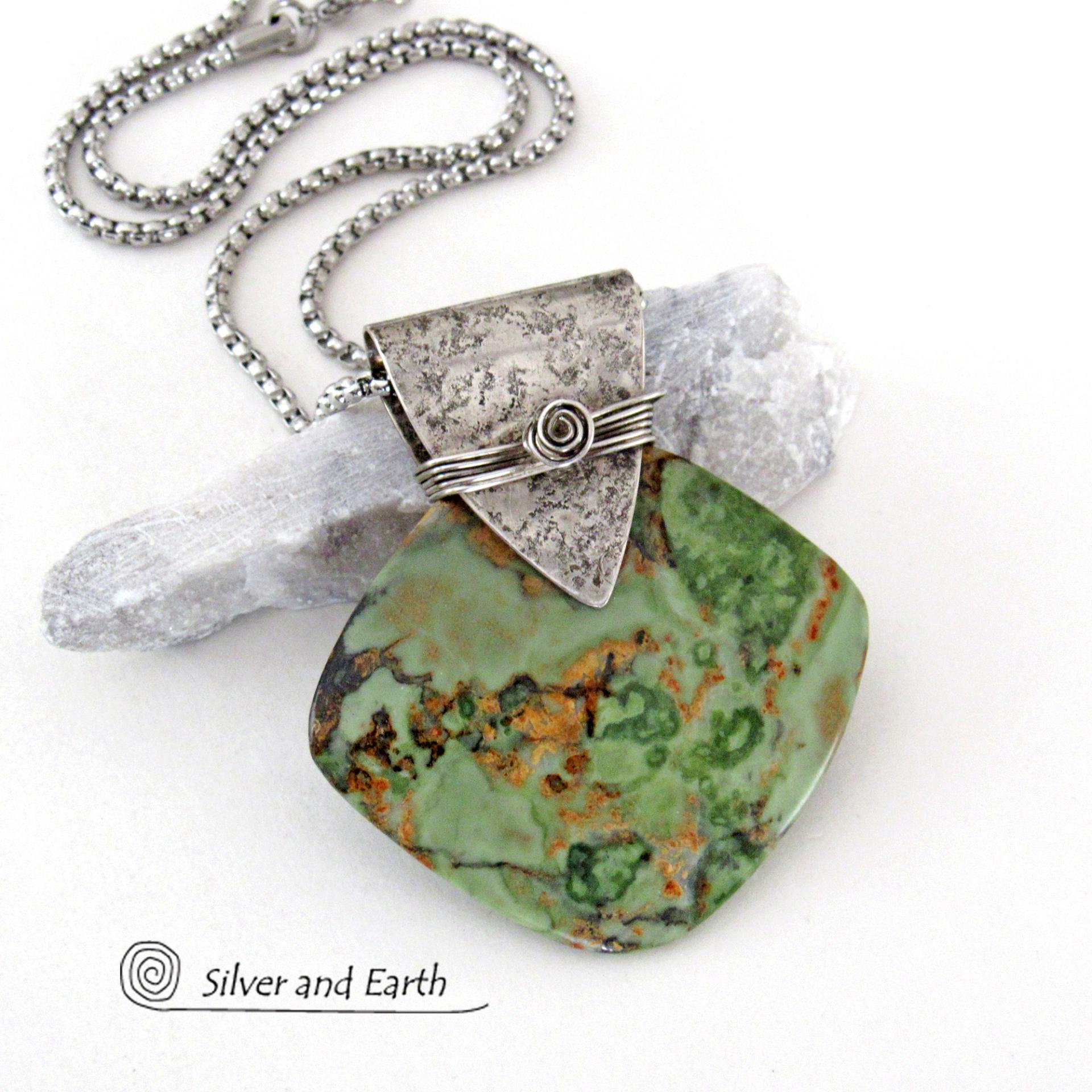 Green Rhyolite Jasper Sterling Silver Necklace - Handcrafted Unique One of a Kind Natural Stone Jewelry