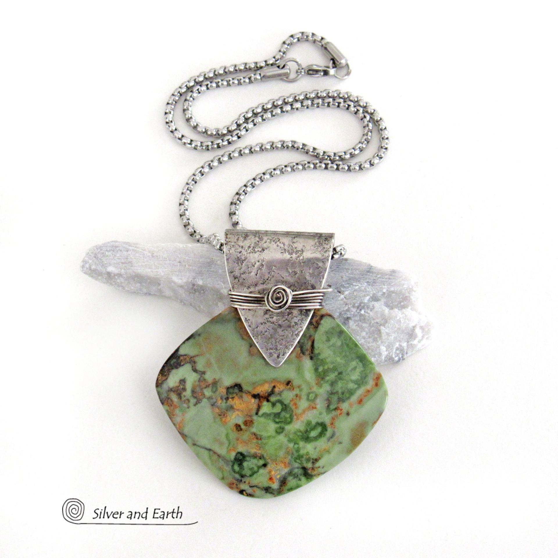 Green Rhyolite Jasper Sterling Silver Necklace - Handcrafted Unique One of a Kind Natural Stone Jewelry