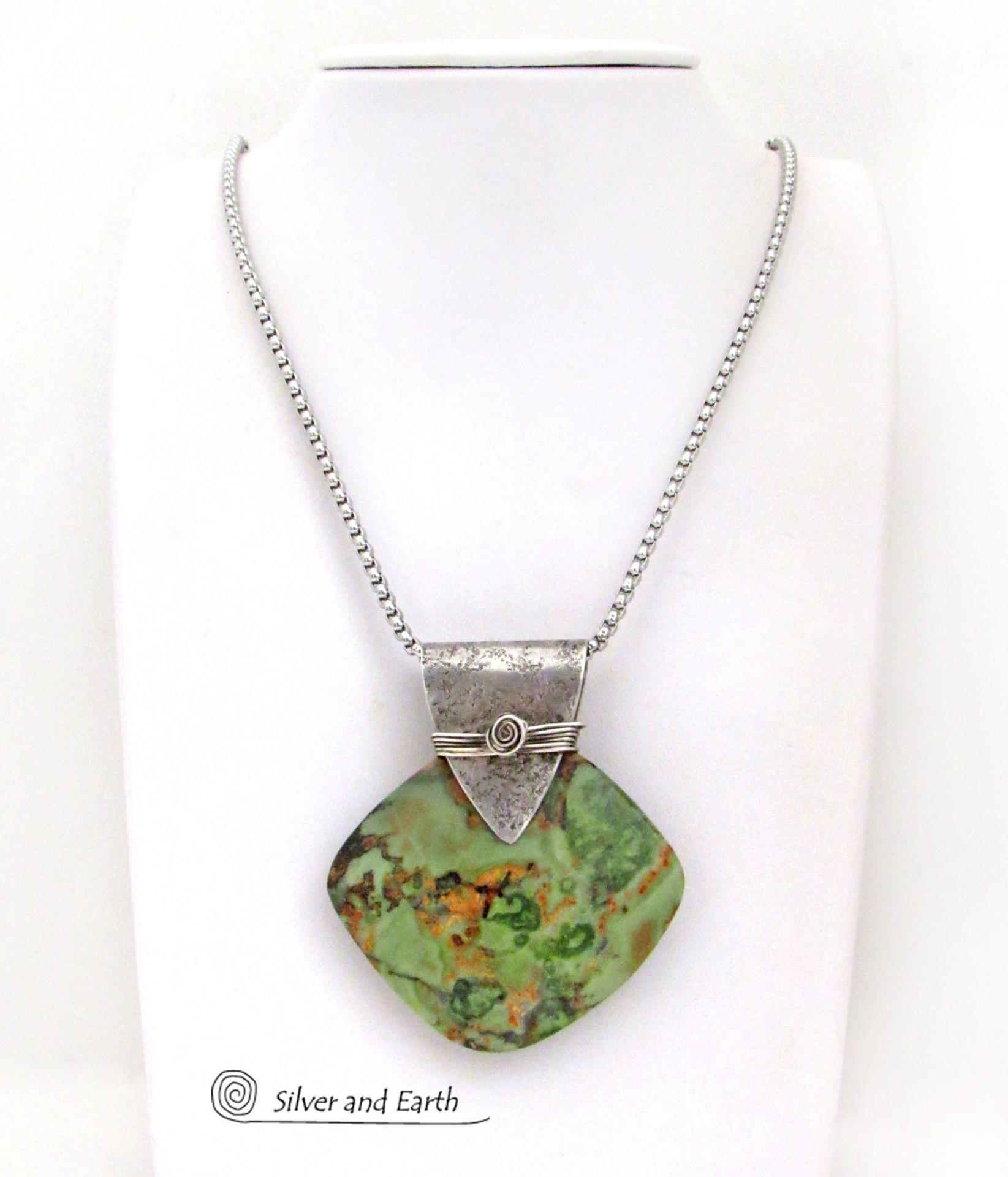 Green Rhyolite Jasper Sterling Silver Necklace - Handcrafted Unique One of a Kind Natural Stone Jewelry