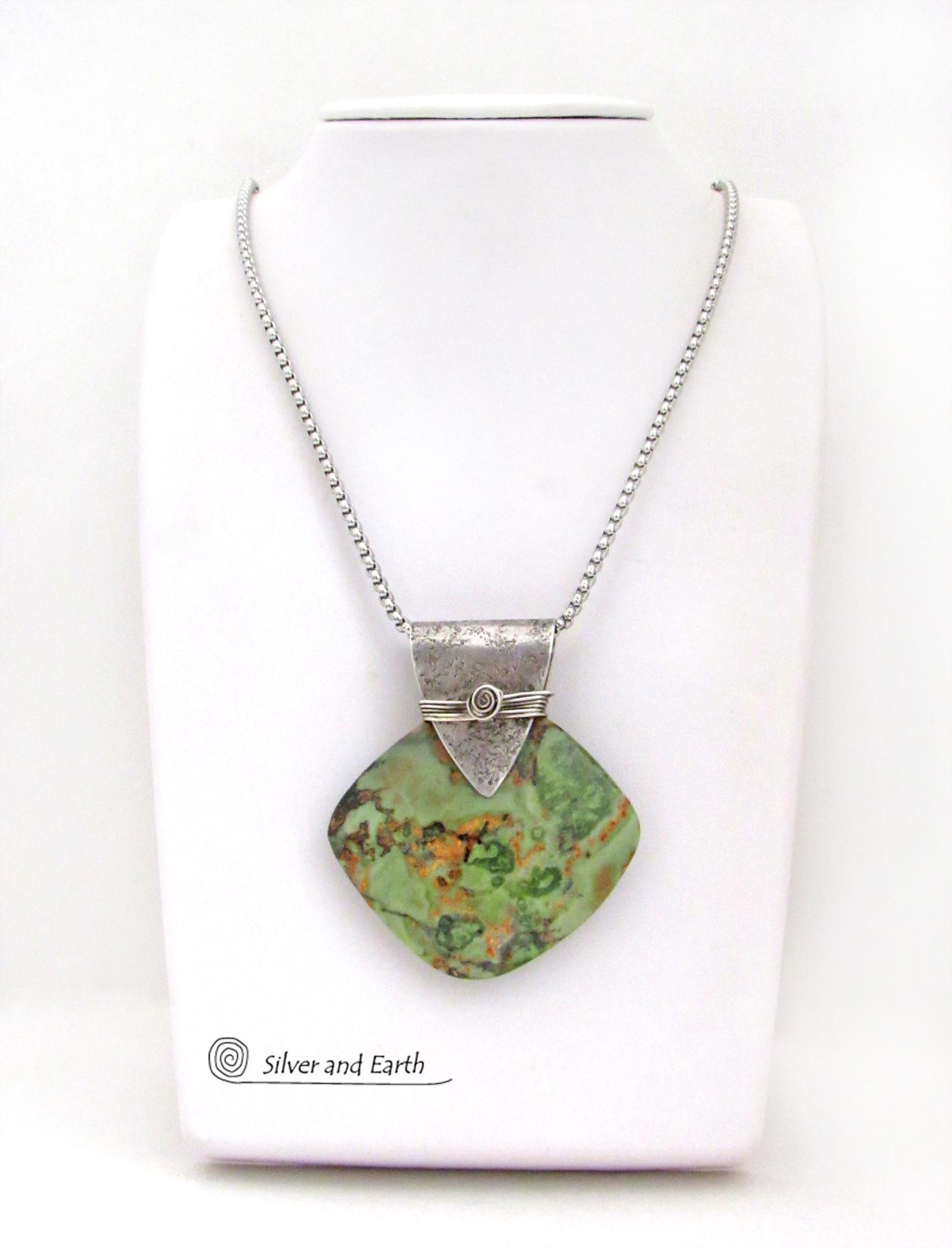 Green Rhyolite Jasper Sterling Silver Necklace - Handcrafted Unique One of a Kind Natural Stone Jewelry