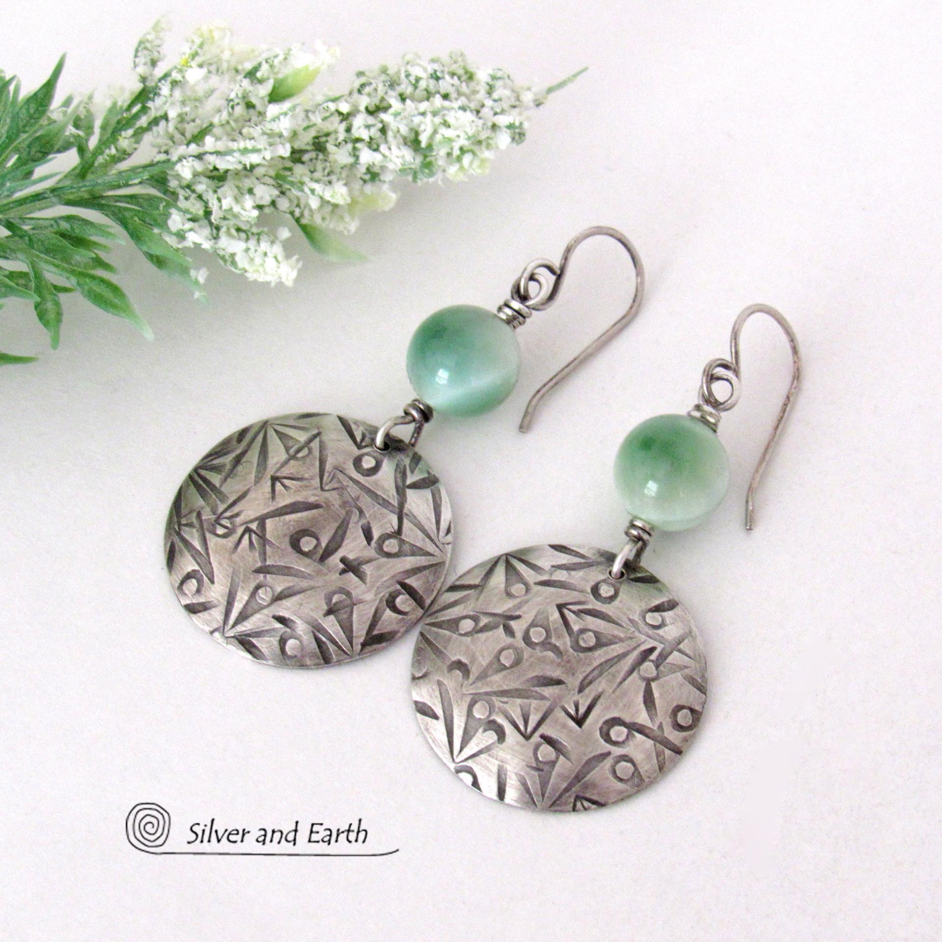 Green Moonstone Sterling Silver Earrings - Artisan Handcrafted Modern Sterling and Gemstone Jewelry