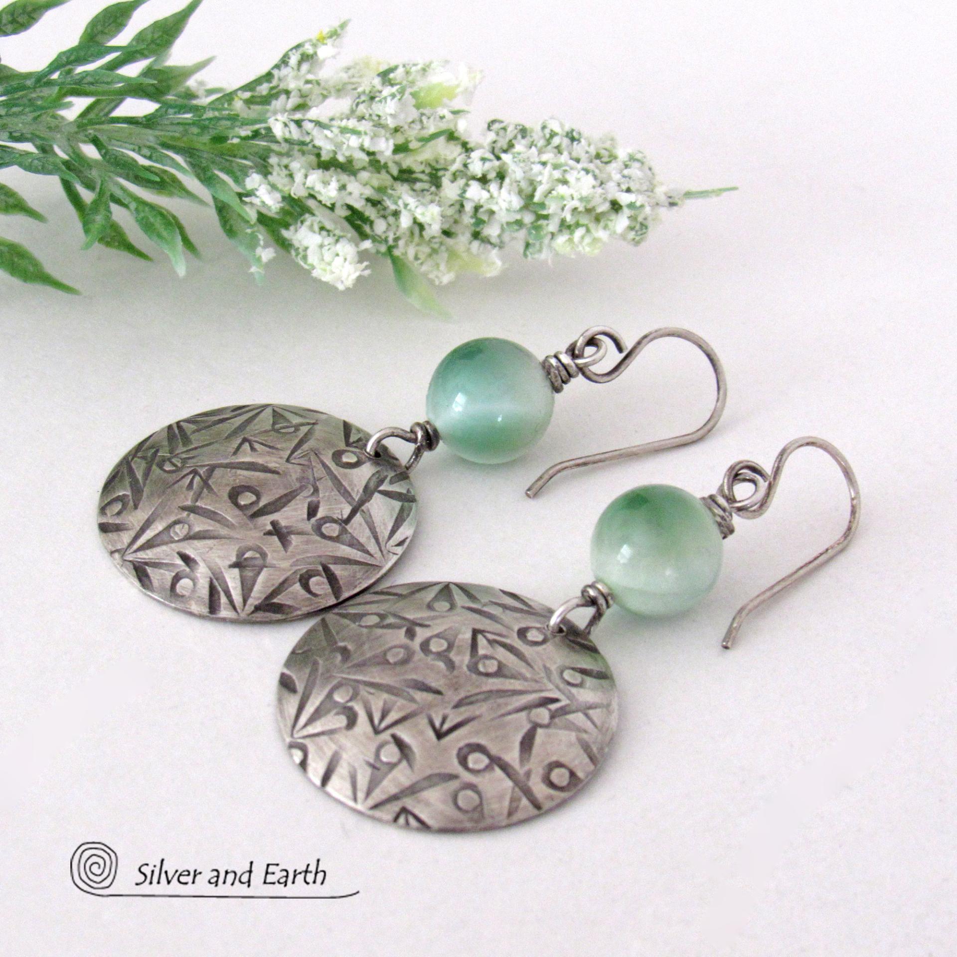 Green Moonstone Sterling Silver Earrings - Artisan Handcrafted Modern Sterling and Gemstone Jewelry