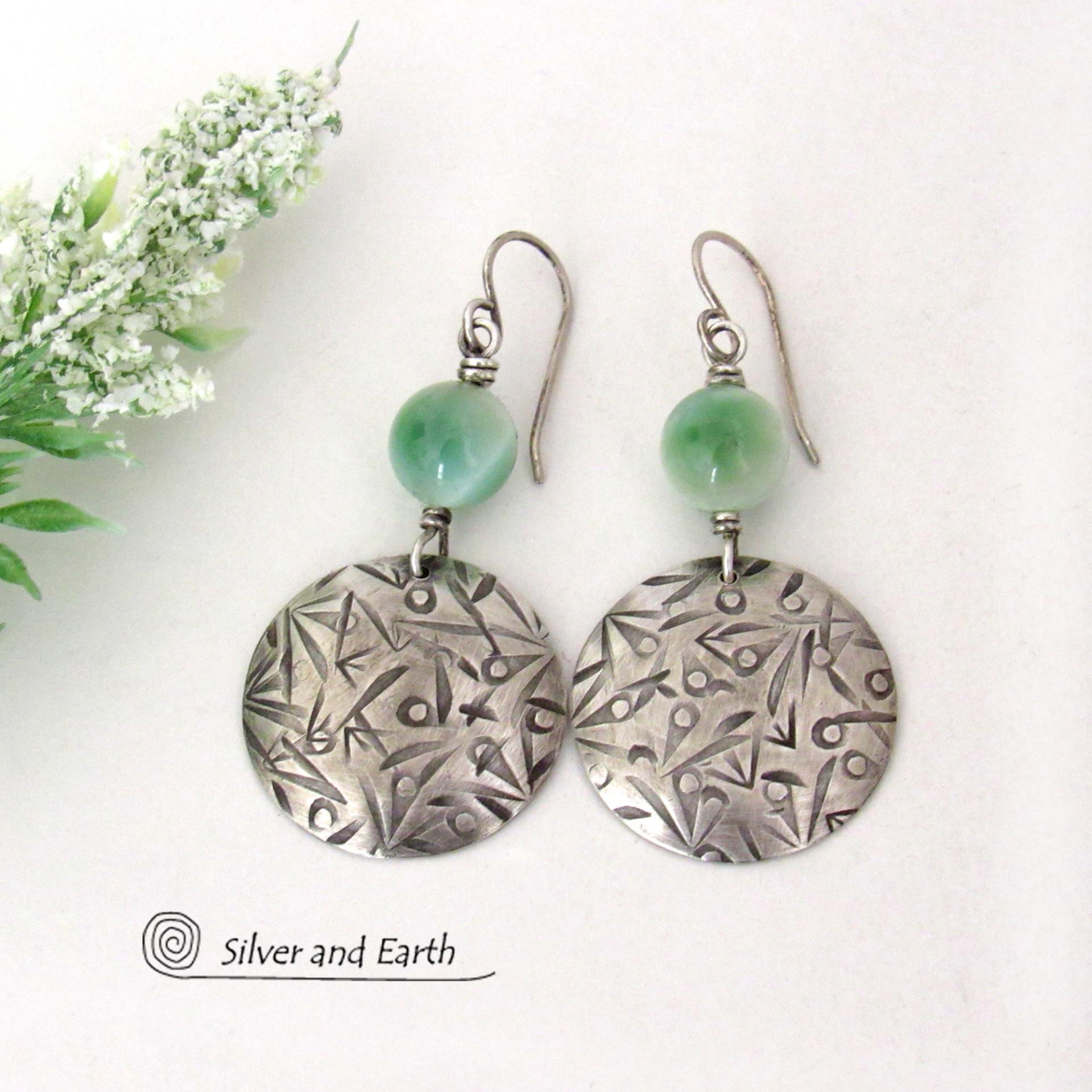 Green Moonstone Sterling Silver Earrings - Artisan Handcrafted Modern Sterling and Gemstone Jewelry