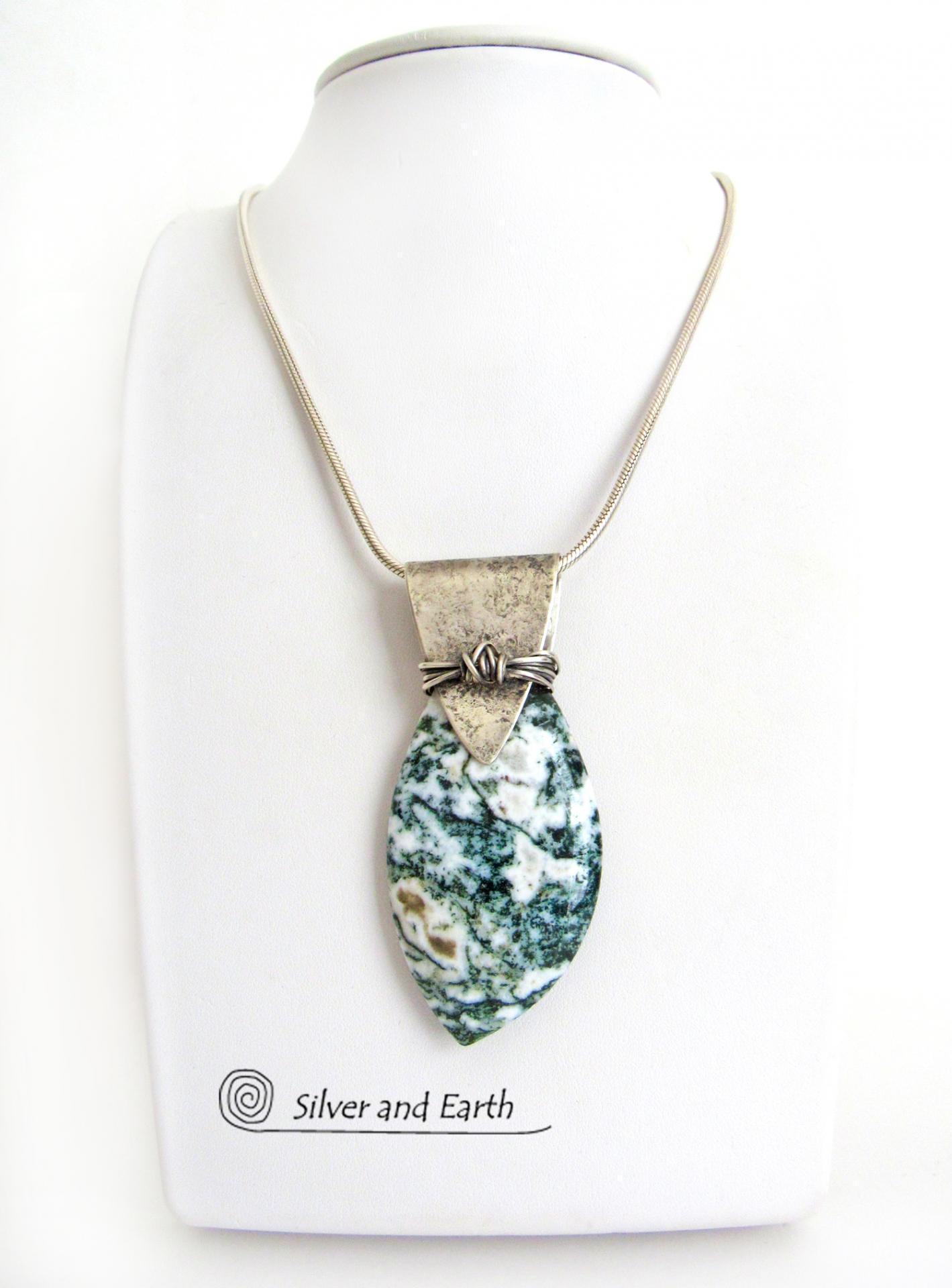 Green Tree Jasper Sterling Silver Necklace - Unique Natural Stone Jewelry