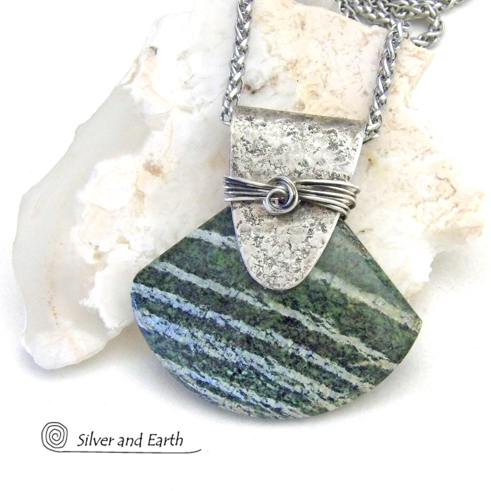 Green Zebra Jasper Sterling Silver Necklace - Unique Natural One of a Kind Stone Jewelry