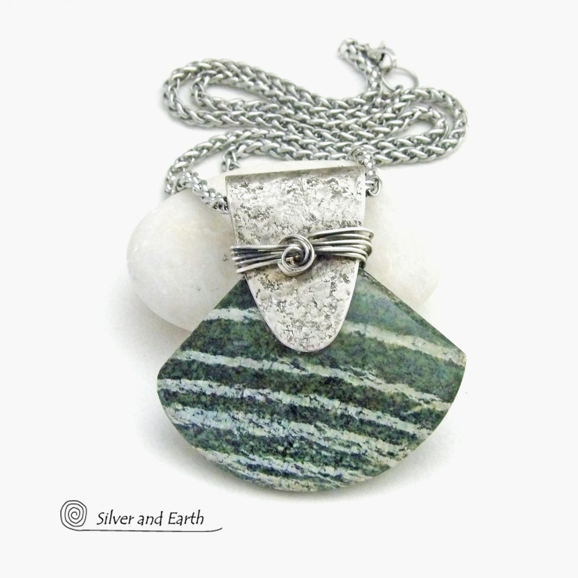 Green Zebra Jasper Sterling Silver Necklace - Unique Natural One of a Kind Stone Jewelry