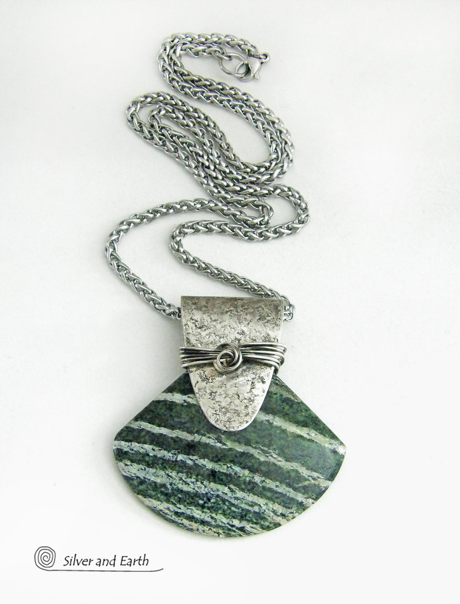 Green Zebra Jasper Sterling Silver Necklace - Unique Natural One of a Kind Stone Jewelry