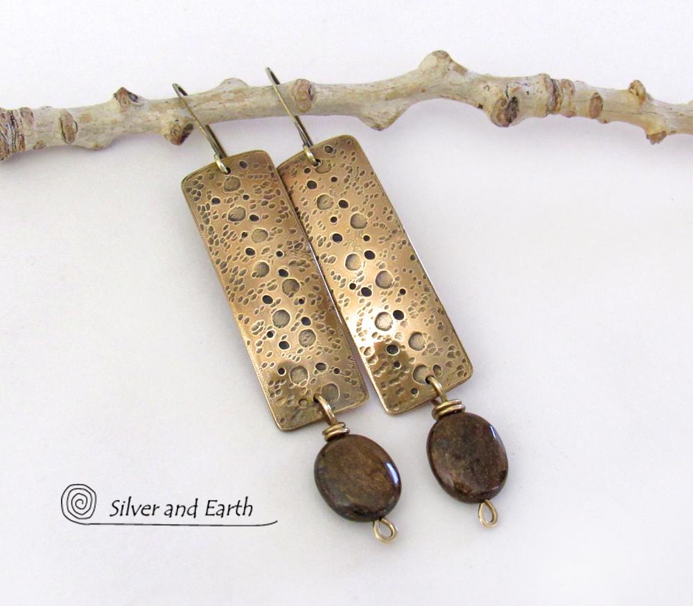 Hammered Gold Brass Rectangle Earrings with Rustic Organic Texture and Earthy Natural Brown Bronzite Stones