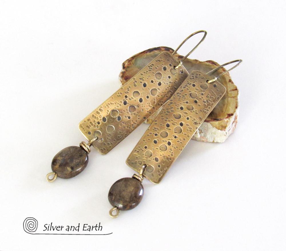 Hammered Gold Brass Rectangle Earrings with Rustic Organic Texture and Earthy Natural Brown Bronzite Stones