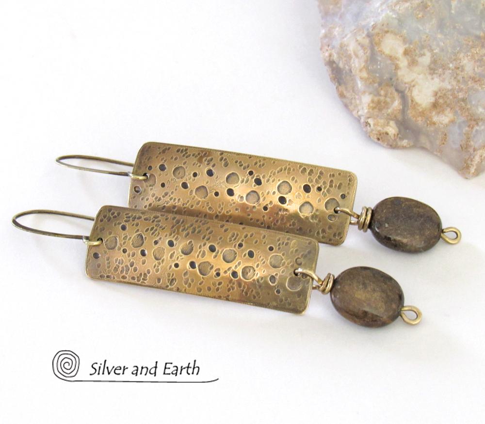 Hammered Gold Brass Rectangle Earrings with Rustic Organic Texture and Earthy Natural Brown Bronzite Stones