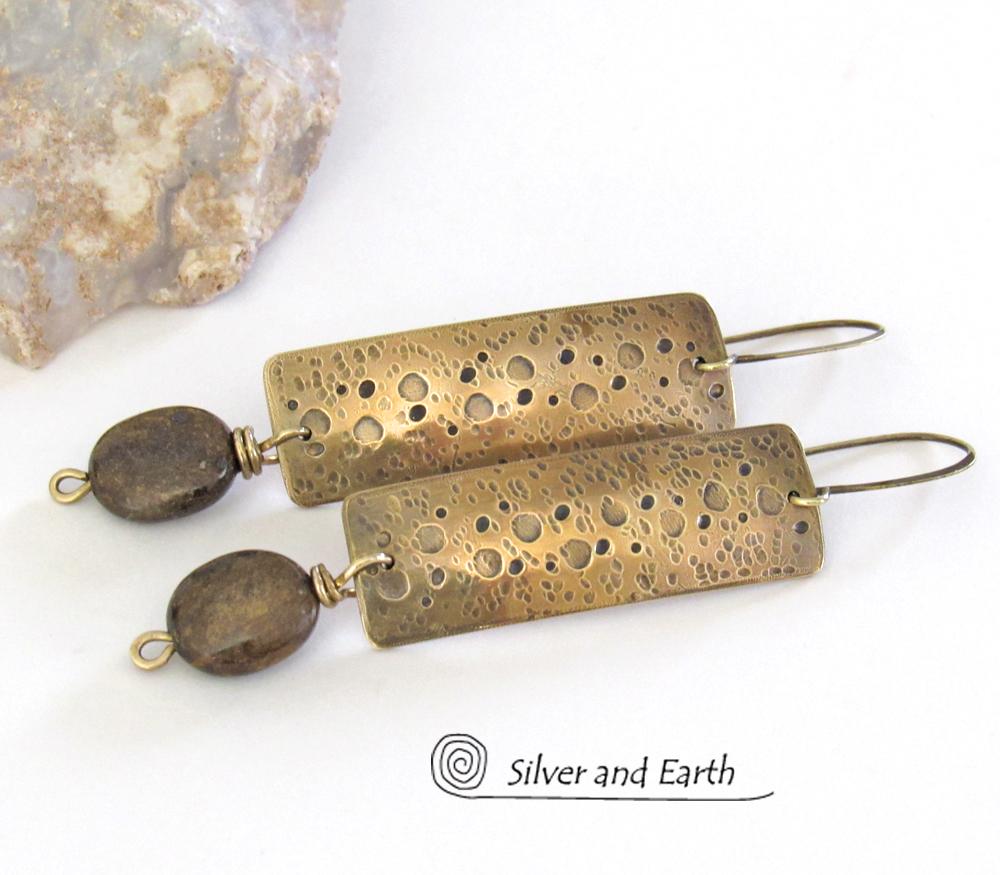 Hammered Gold Brass Rectangle Earrings with Rustic Organic Texture and Earthy Natural Brown Bronzite Stones