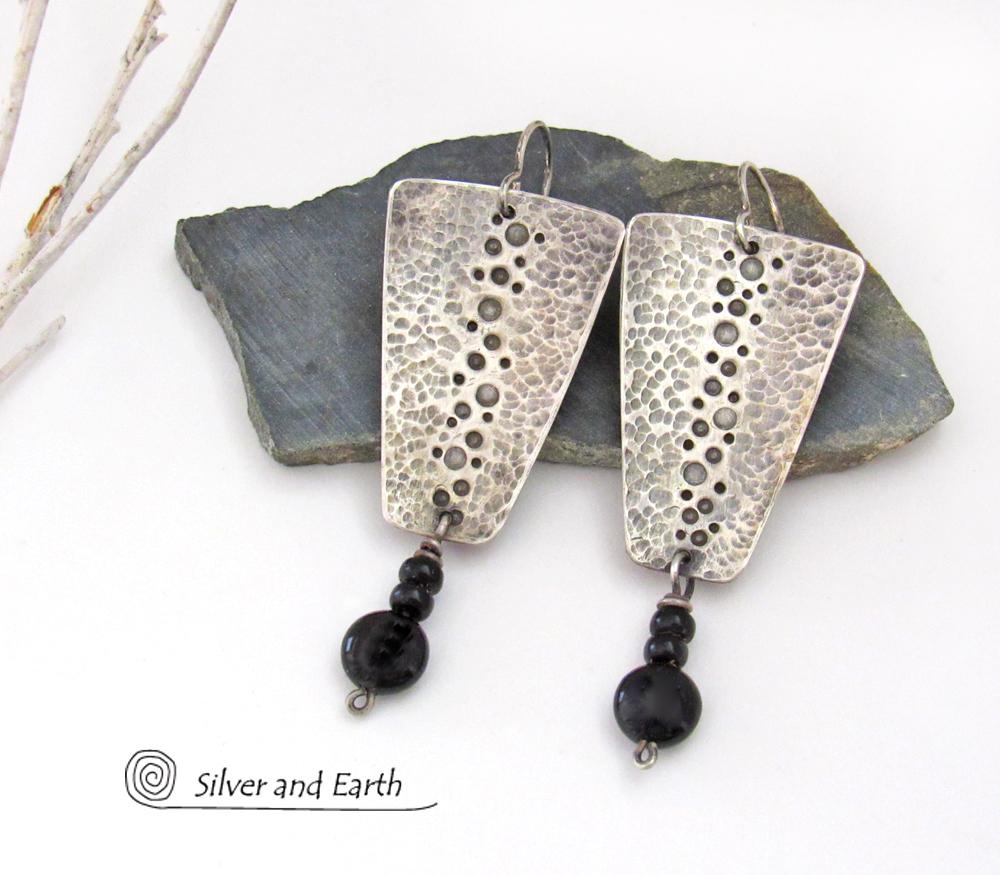 Hammered Sterling Silver Earrings with Black Onyx Dangles - Artisan Handmade Earthy Organic Edgy Modern Jewelry