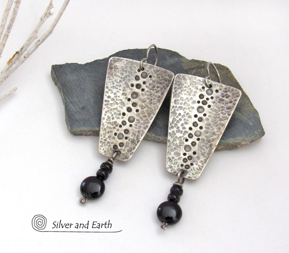 Hammered Sterling Silver Earrings with Black Onyx Dangles - Artisan Handmade Earthy Organic Edgy Modern Jewelry