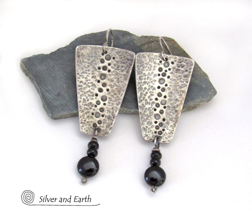 Hammered Sterling Silver Earrings with Black Onyx Dangles - Artisan Handmade Earthy Organic Edgy Modern Jewelry