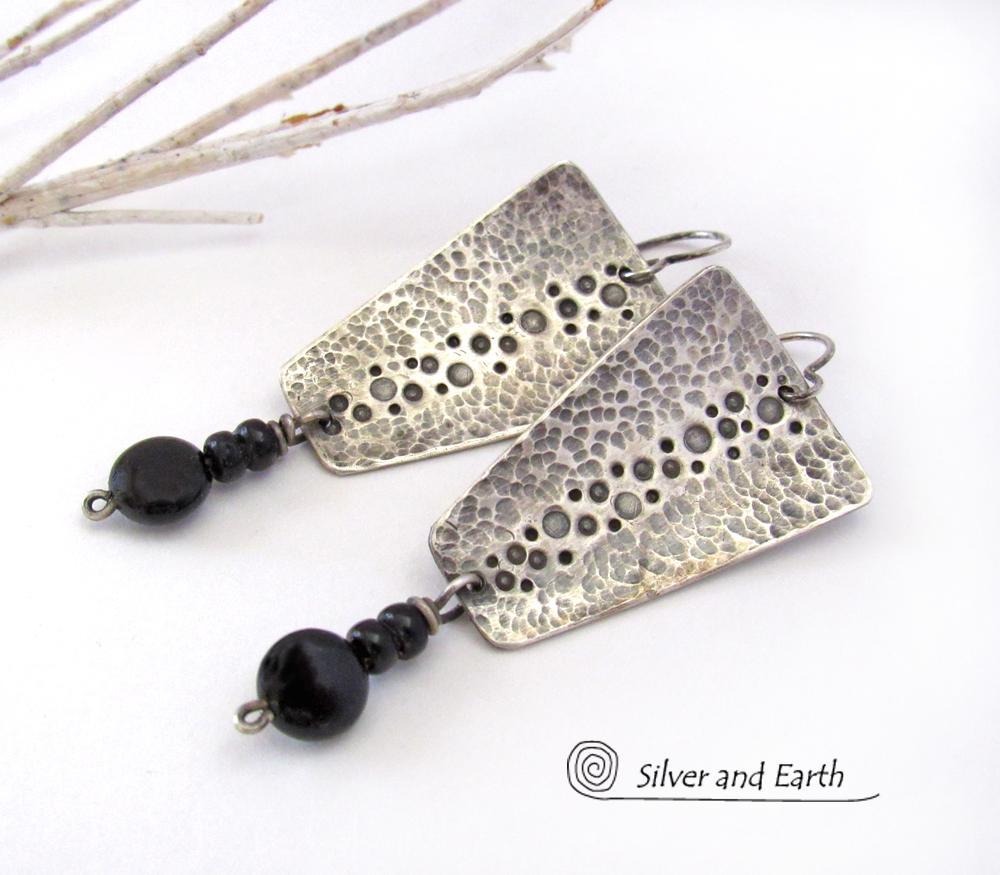 Hammered Sterling Silver Earrings with Black Onyx Dangles - Artisan Handmade Earthy Organic Edgy Modern Jewelry