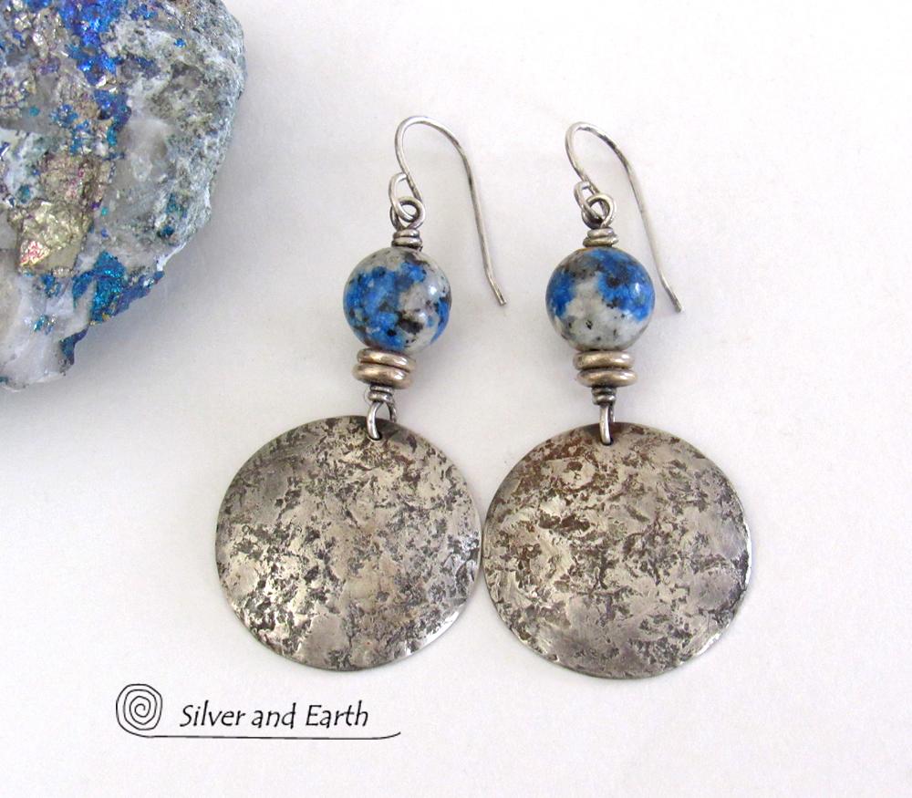 Sterling Silver Earrings with White Black Blue Azurite K2 Granite Stones - Artisan Handcrafted Unique Gemstone Jewelry