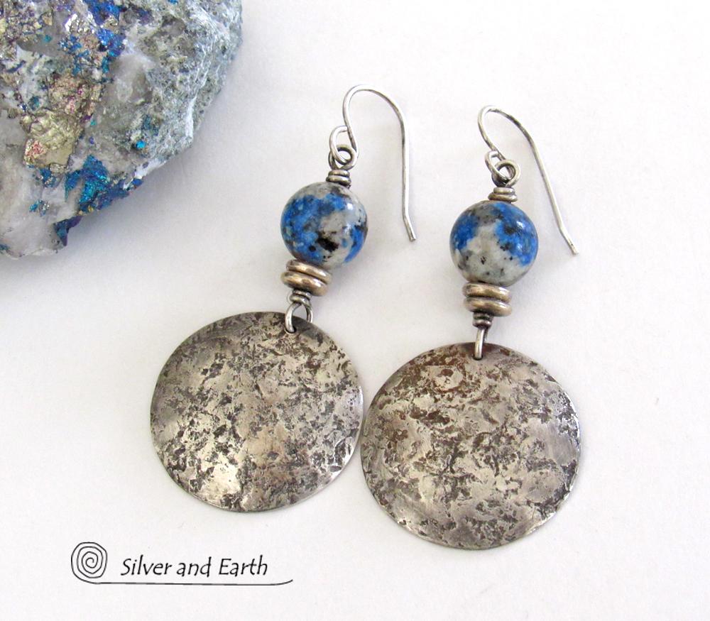 Sterling Silver Earrings with White Black Blue Azurite K2 Granite Stones - Artisan Handcrafted Unique Gemstone Jewelry