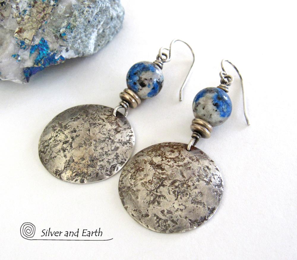 Sterling Silver Earrings with White Black Blue Azurite K2 Granite Stones - Artisan Handcrafted Unique Gemstone Jewelry