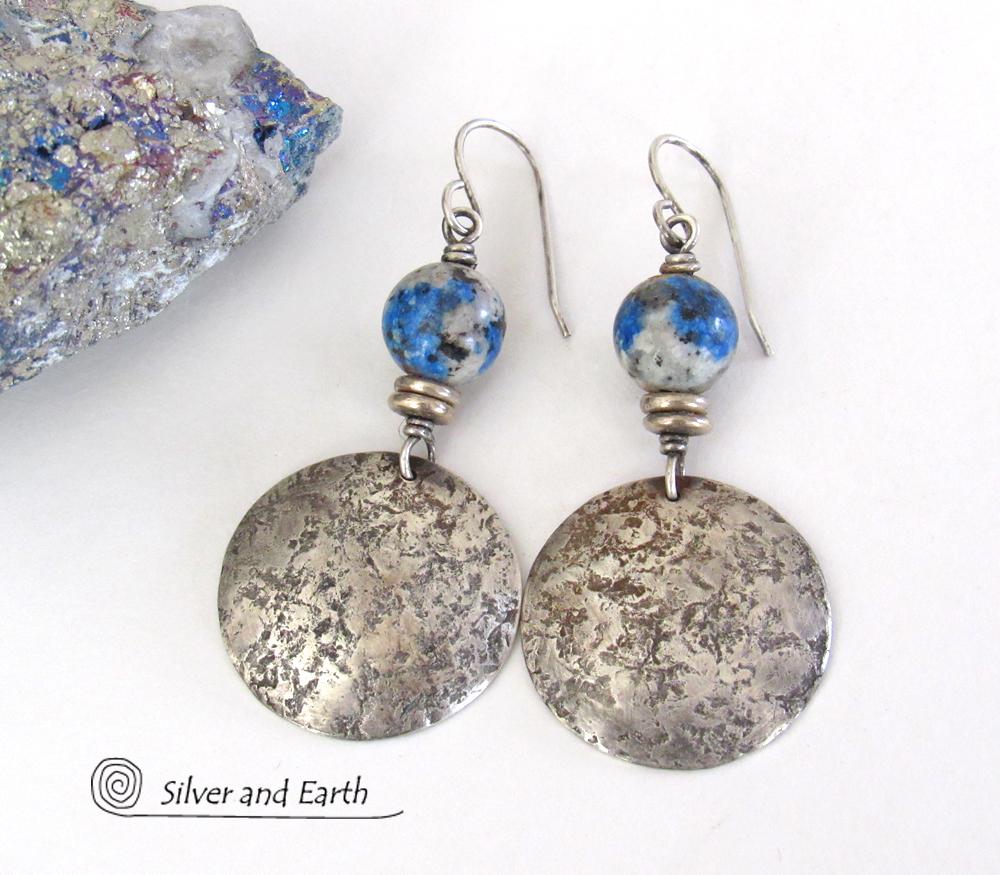 Sterling Silver Earrings with White Black Blue Azurite K2 Granite Stones - Artisan Handcrafted Unique Gemstone Jewelry