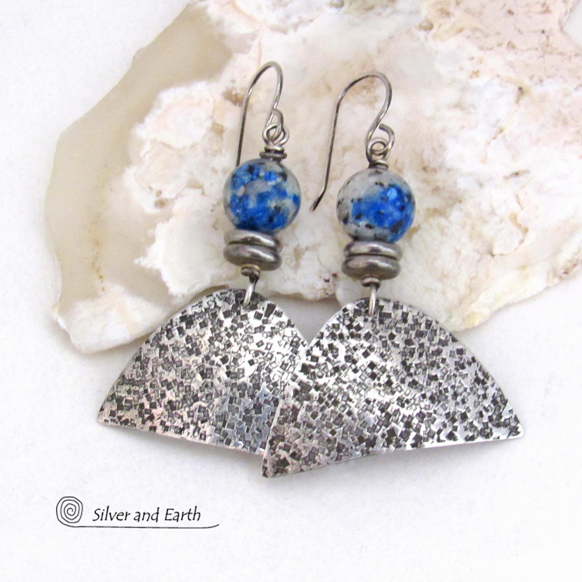 Rustic Hammered Sterling Silver Earrings with White Black Blue K2 Granite Gemstones