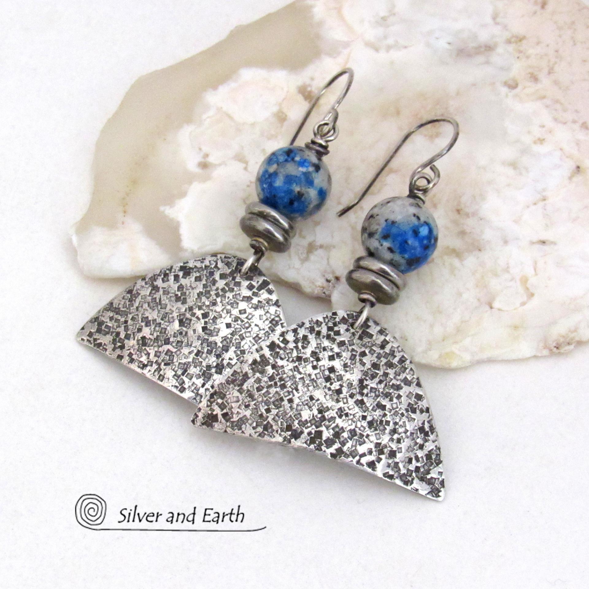 Rustic Hammered Sterling Silver Earrings with White Black Blue K2 Granite Gemstones