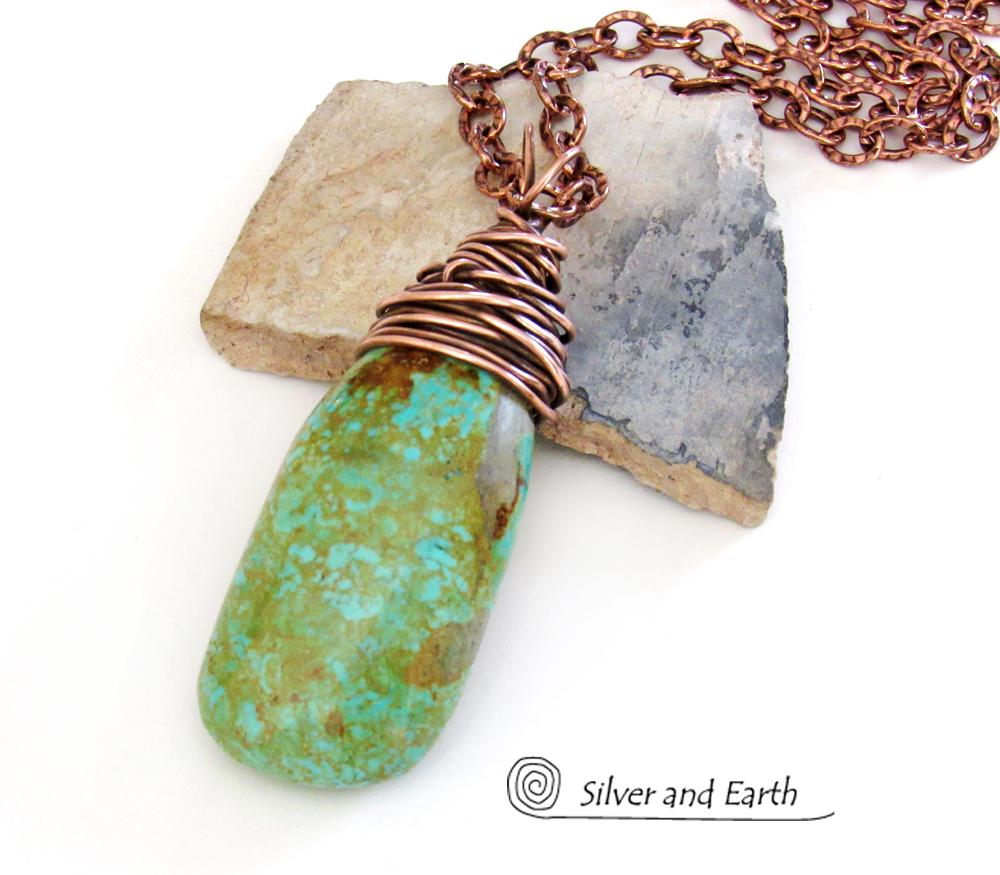 Kingman Turquoise Pendant with Textured Copper Chain - American Turquoise Jewelry