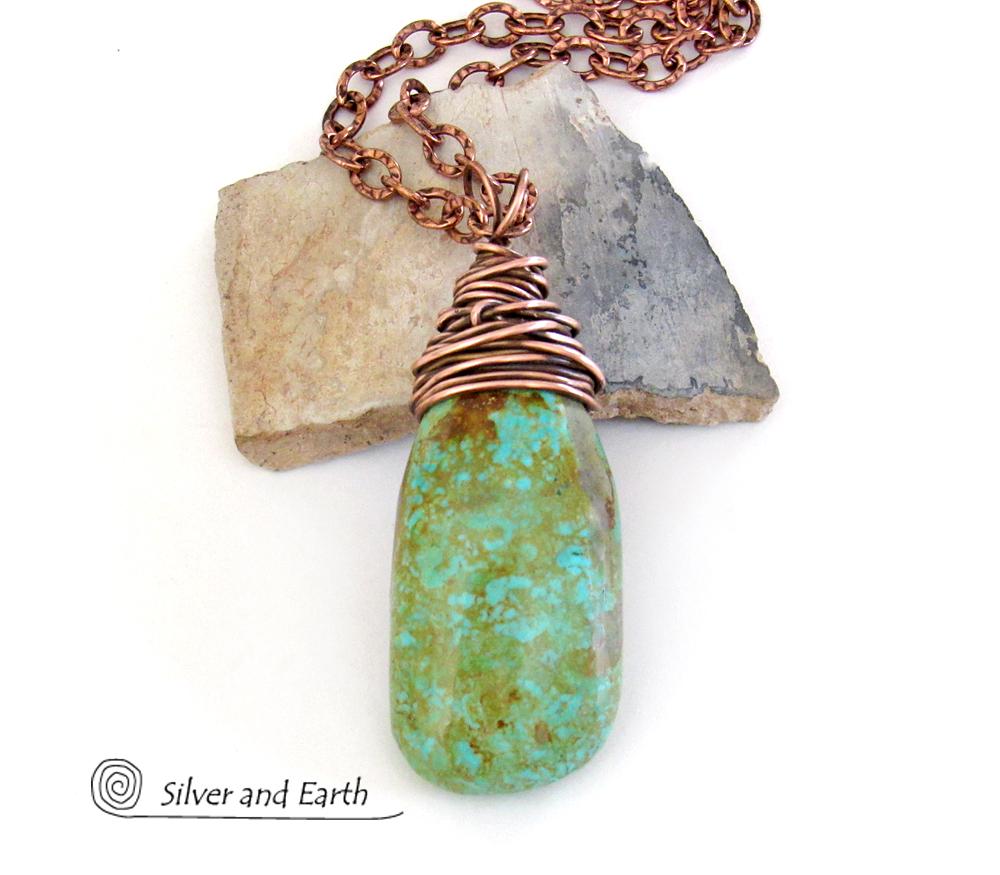 Kingman Turquoise Pendant with Textured Copper Chain - American Turquoise Jewelry