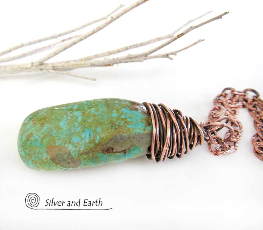 Kingman Turquoise Pendant with Textured Copper Chain - American Turquoise Jewelry