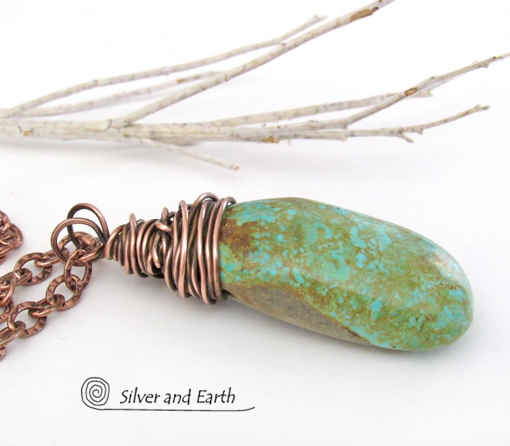 Kingman Turquoise Pendant with Textured Copper Chain - American Turquoise Jewelry