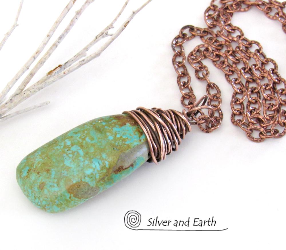 Kingman Turquoise Pendant with Textured Copper Chain - American Turquoise Jewelry